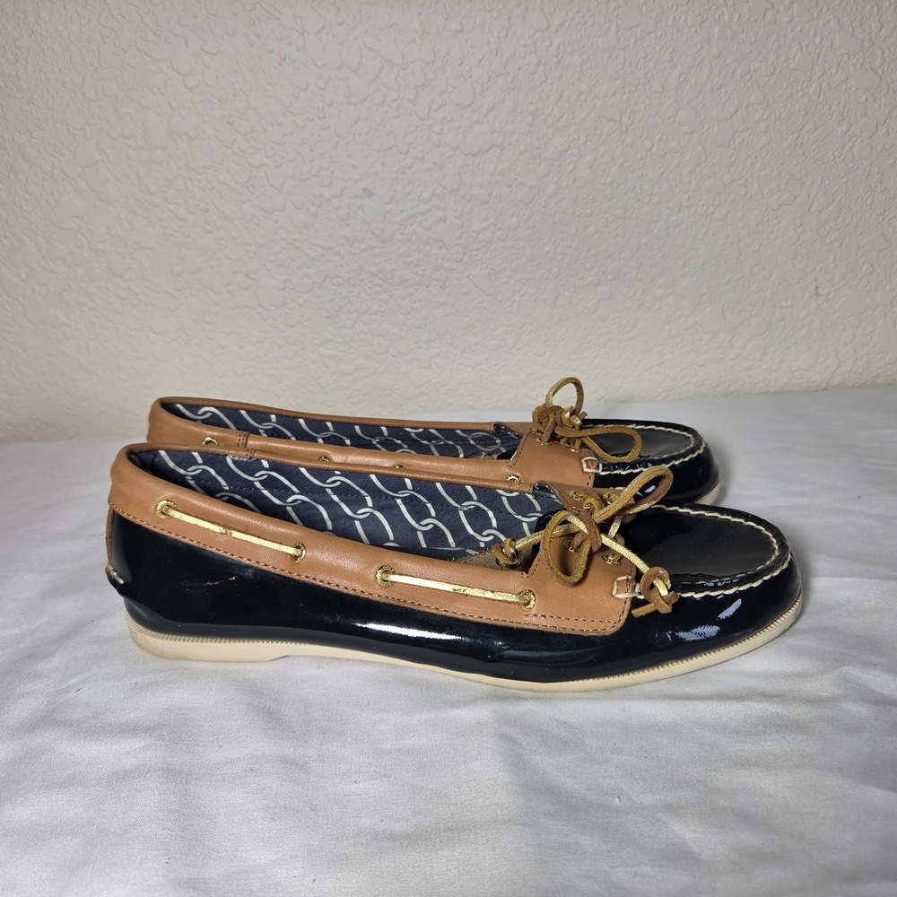 Sperry Top-Sider Womens Black Patent Leather Boat Shoes Tan Trim Loafers S1635